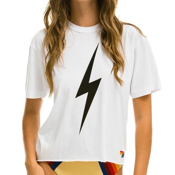 Aviator Nation White Lightning Bolt Graphic Tee Cropped XS - Picture 1 of 5